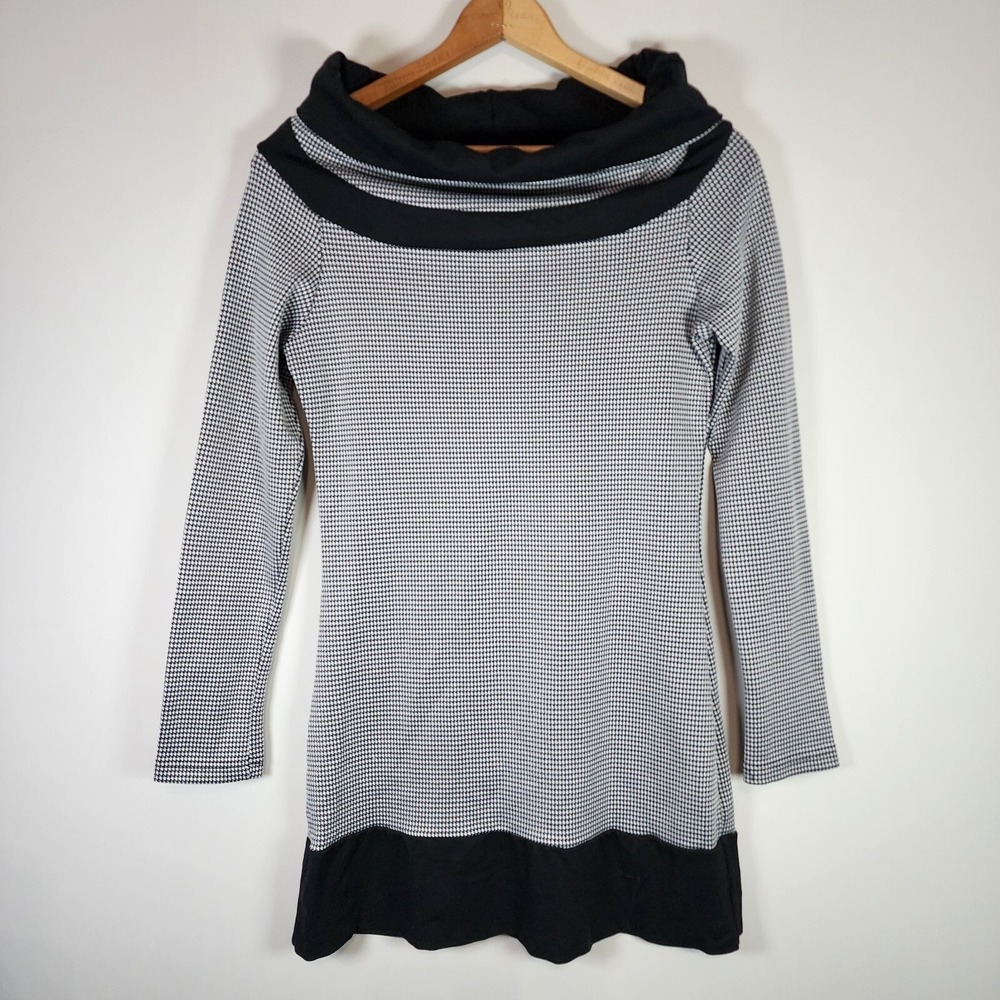 RUELLE Houndstooth Dress Womens Large Black White Plaid Check Wide‎ Turtle Neck